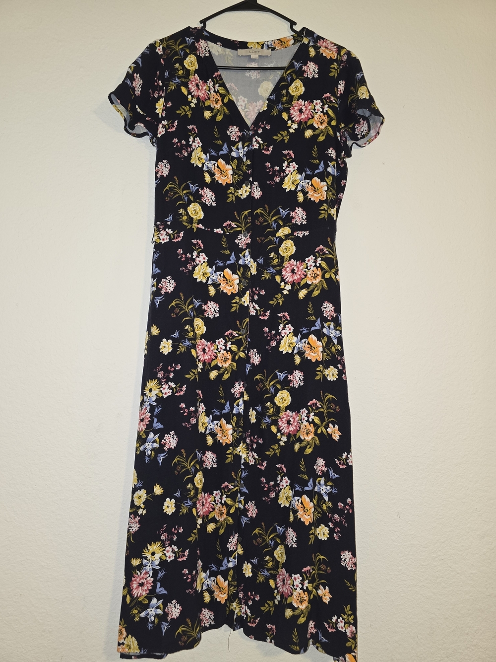 LOFT Black Floral Midi Dress with Yellow, Pink & Blue Bouquet Print